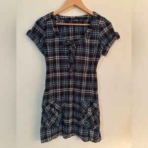Mustard Seed Size Medium Navy Blue Plaid Short Sleeve Tunic Dress